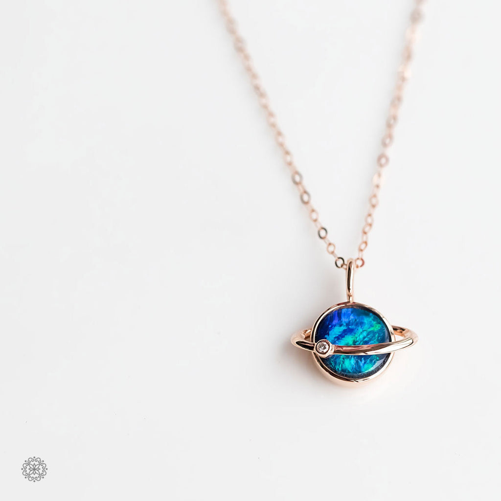 Earth Moon Design Doublet Opal & Diamond Pendant Necklace 18K Rose Gold