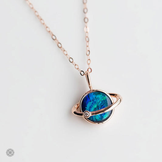 Earth Moon Design Doublet Opal & Diamond Pendant Necklace 18K Rose Gold