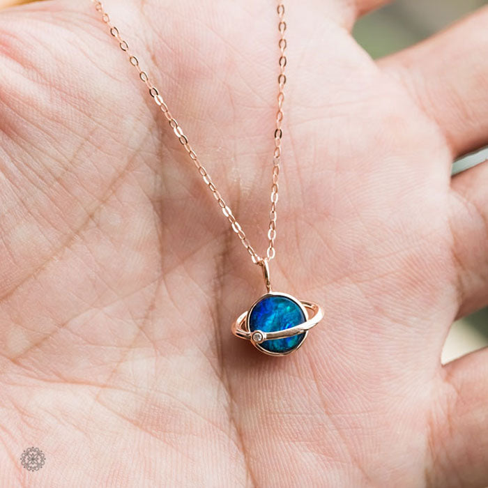 Earth Moon Design Doublet Opal & Diamond Pendant Necklace 18K Rose Gold