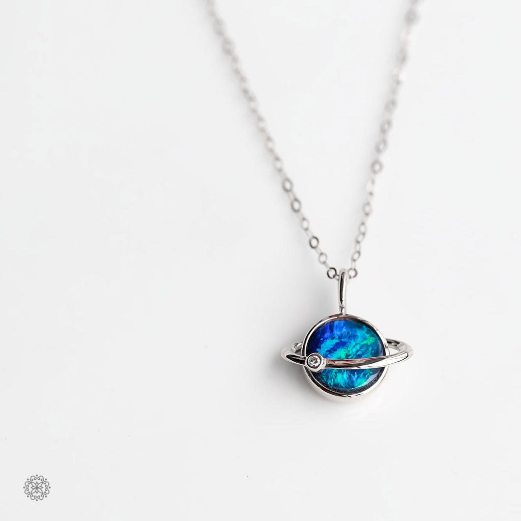 Earth Moon Design Doublet Opal & Diamond Pendant Necklace 18K Rose Gold