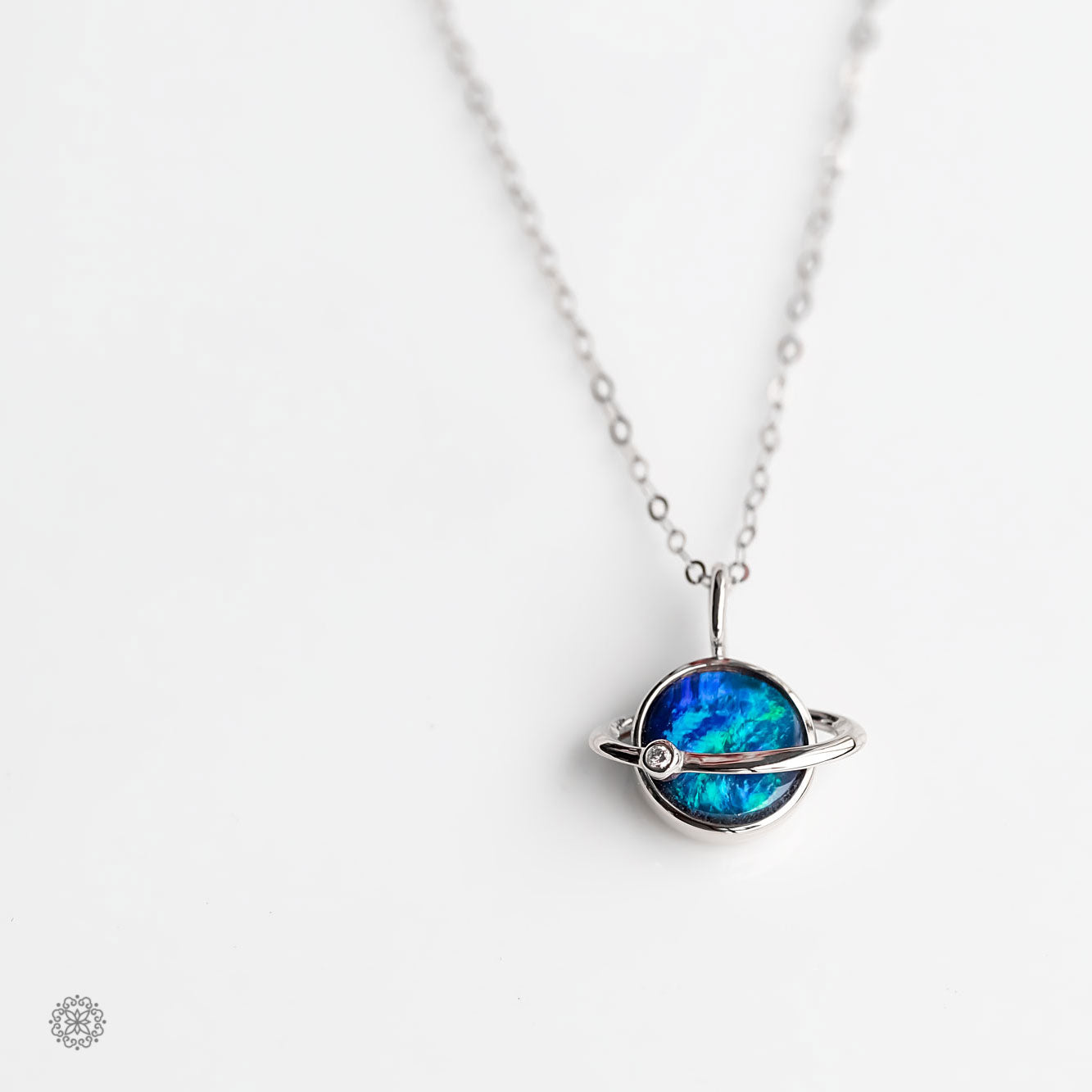 Earth Moon Design Doublet Opal & Diamond Pendant Necklace 18K Rose Gold