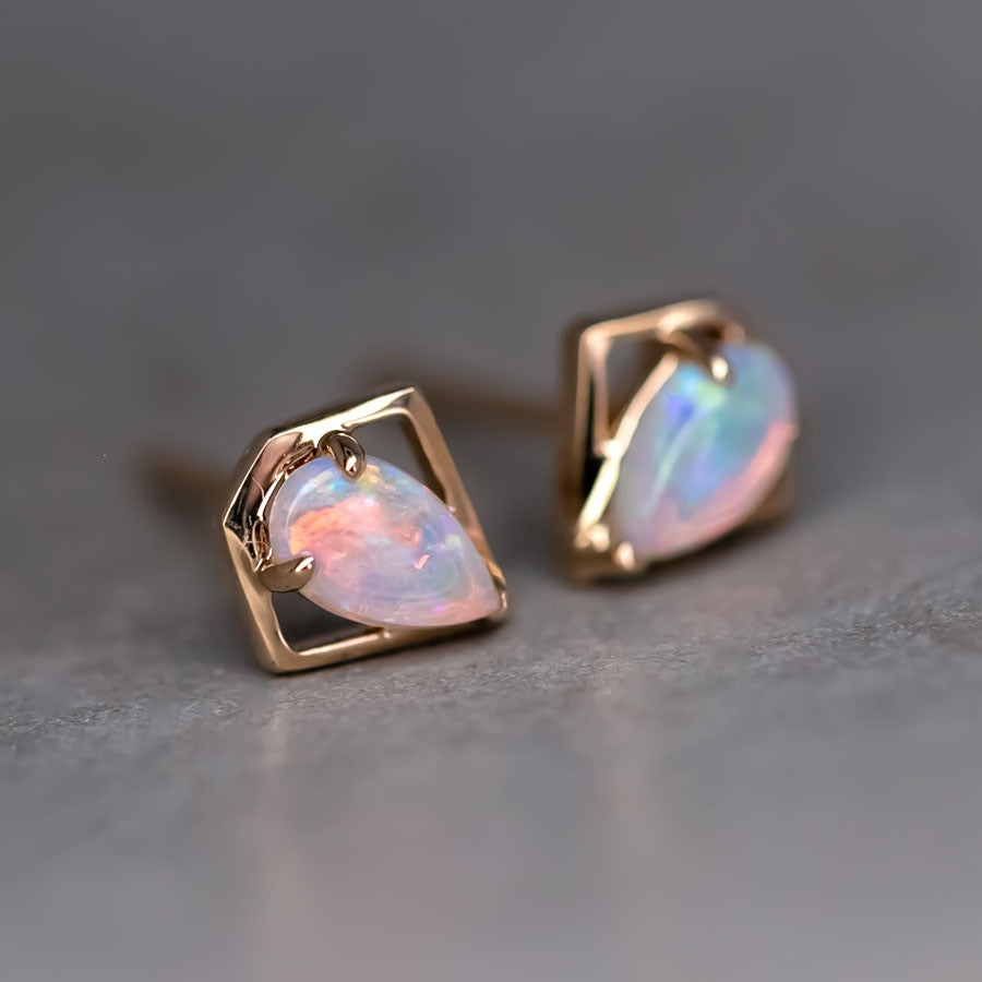 Geometric Diamond Shaped Australian Opal Stud Earrings 14k Yellow Gold