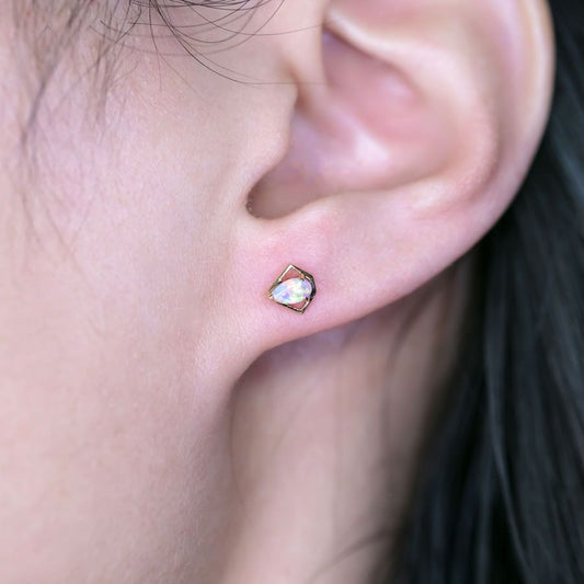 Geometric Diamond Shaped Australian Opal Stud Earrings 14k Yellow Gold