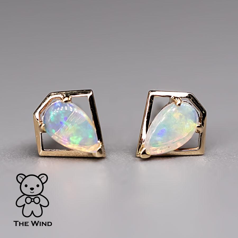 Geometric Diamond Shaped Australian Opal Stud Earrings 14k Yellow Gold