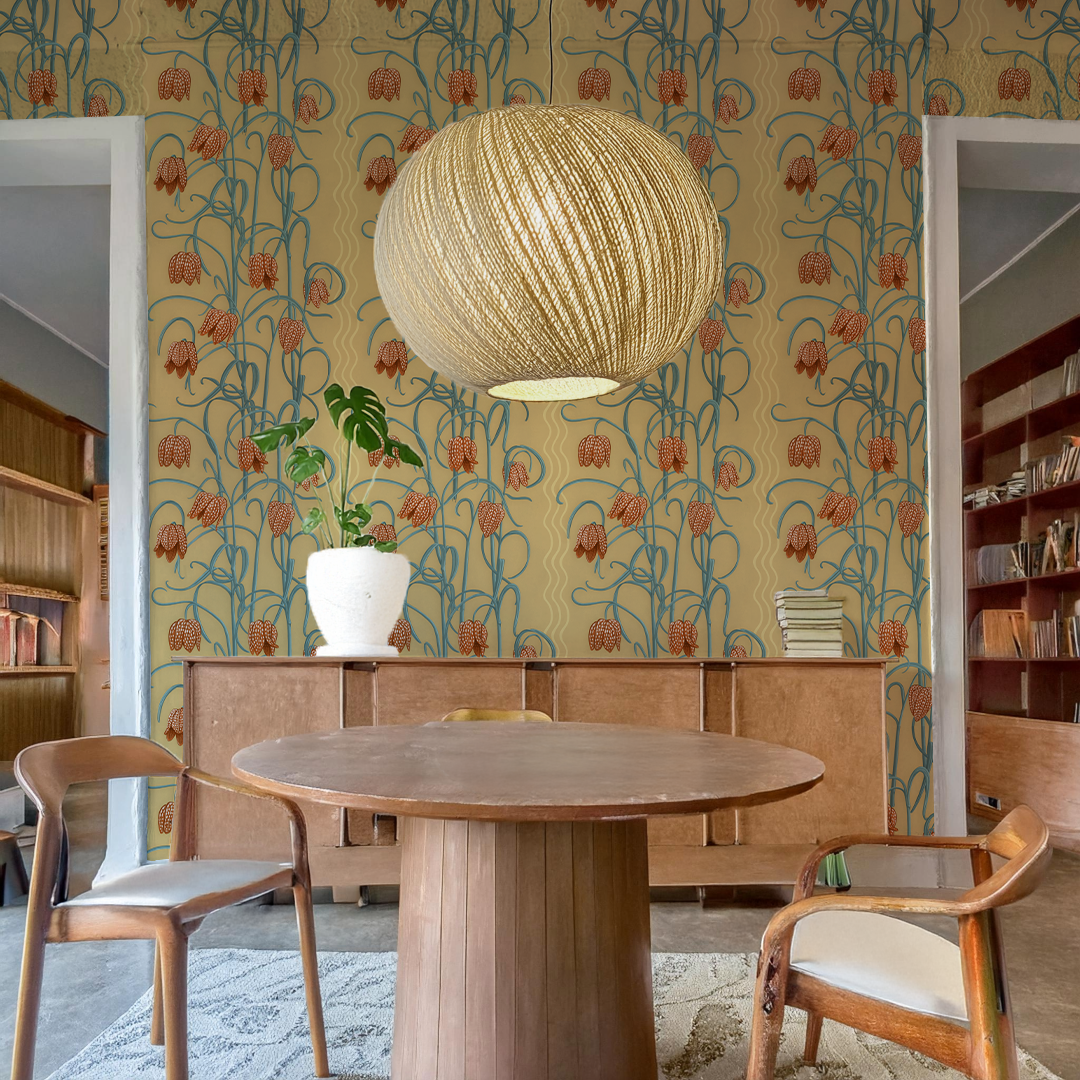 Campanas Wallpaper, butter yellow & slate blue