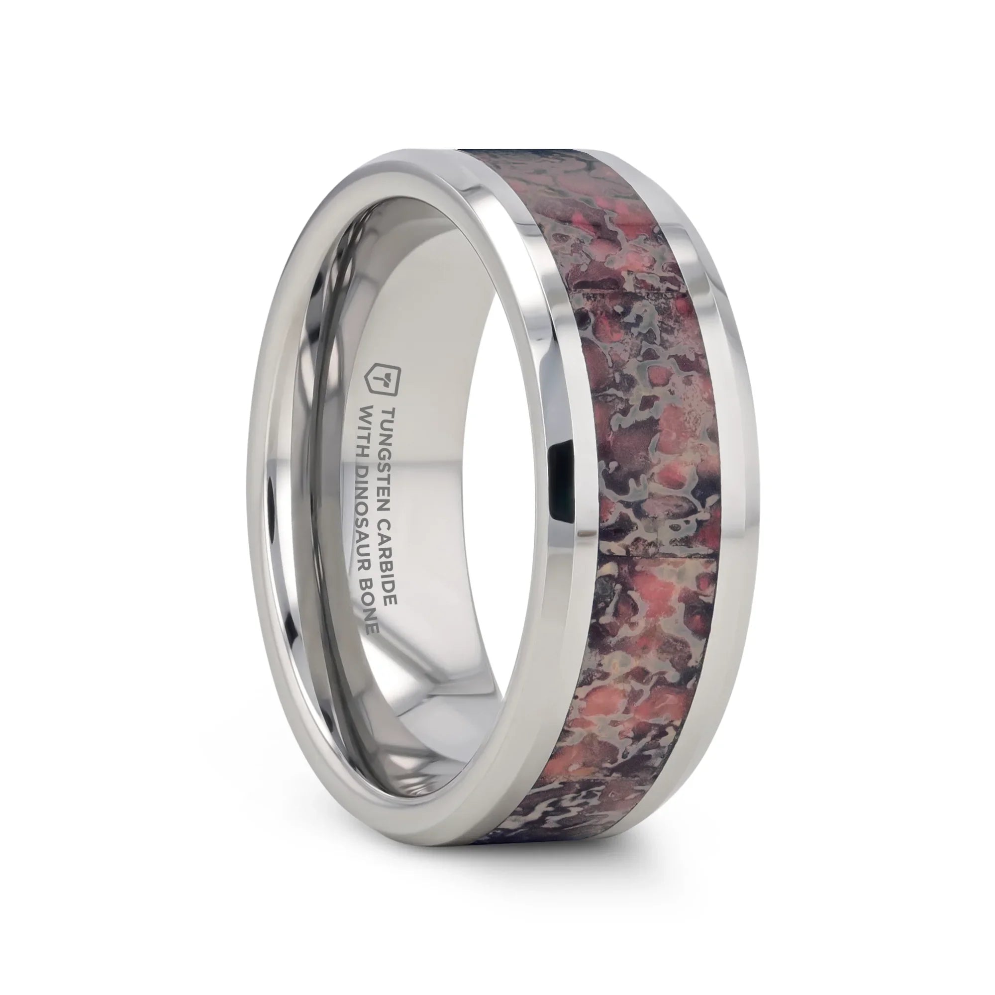 ARCHEAN Pink Dinosaur Bone Inlaid Tungsten Carbide Beveled Edged Ring - 4mm - 8mm