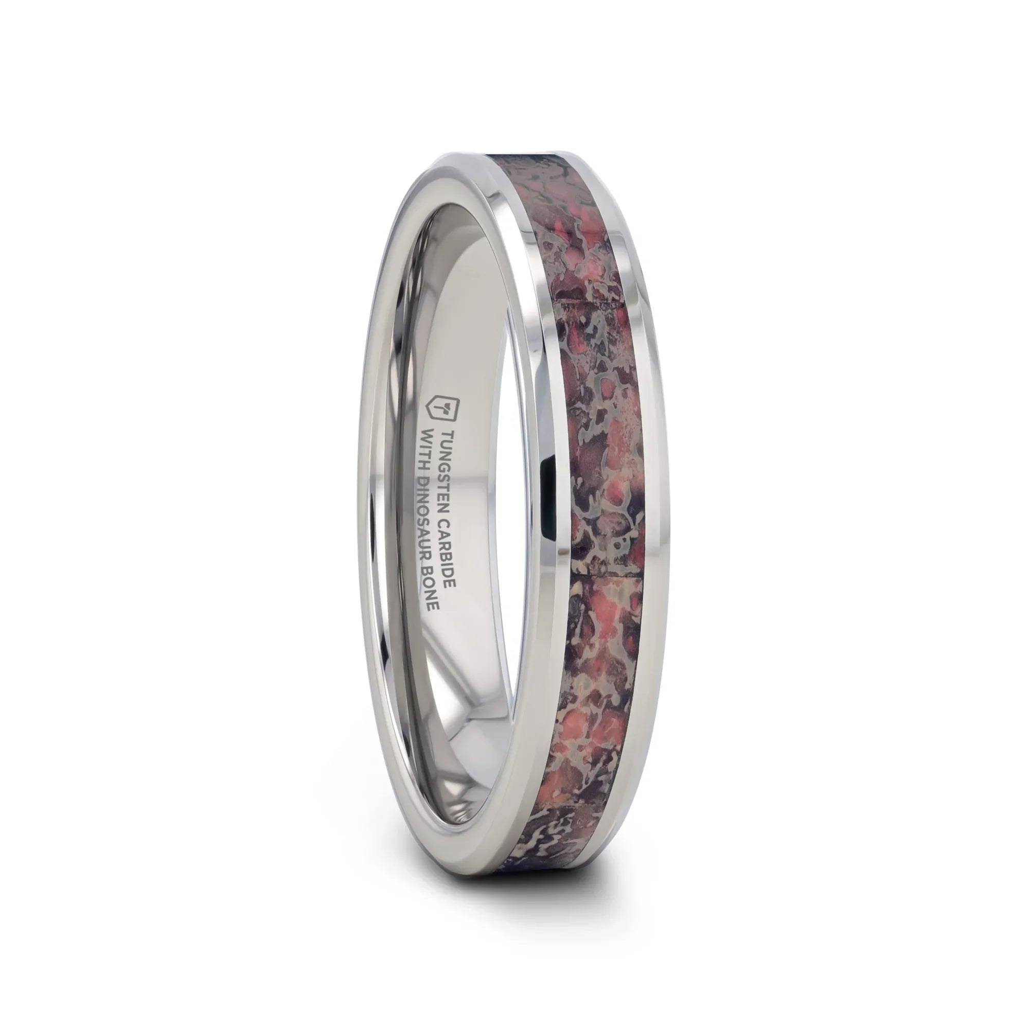 ARCHEAN Pink Dinosaur Bone Inlaid Tungsten Carbide Beveled Edged Ring - 4mm - 8mm