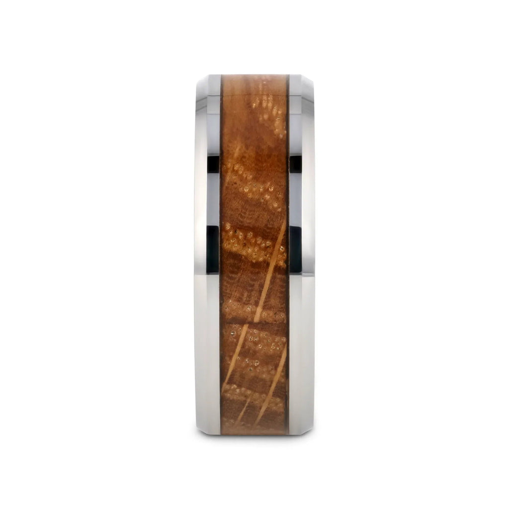 DISTILLED Whiskey Barrel Inlaid Tungsten Men's Wedding Band With Beveled Polished Edges Made From Genuine Whiskey Barrels - 8mm
