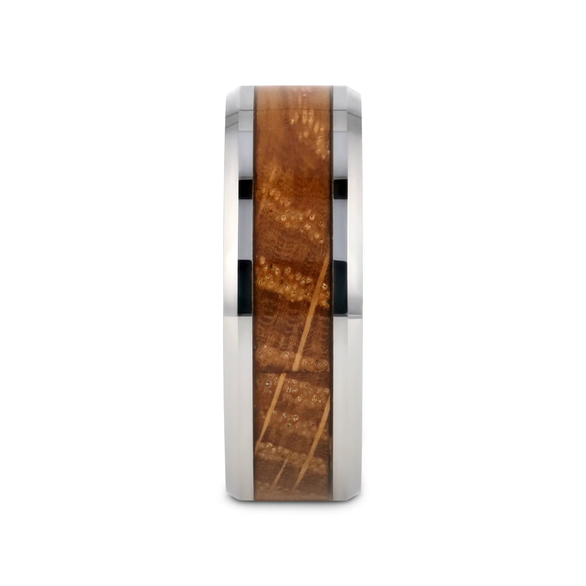 DISTILLED Whiskey Barrel Inlaid Tungsten Men's Wedding Band With Beveled Polished Edges Made From Genuine Whiskey Barrels - 8mm