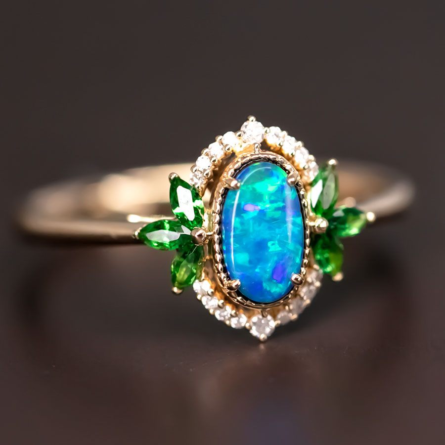 Australian Doublet Opal Diamond Tsavorite Engagement Ring 14K Yellow Gold