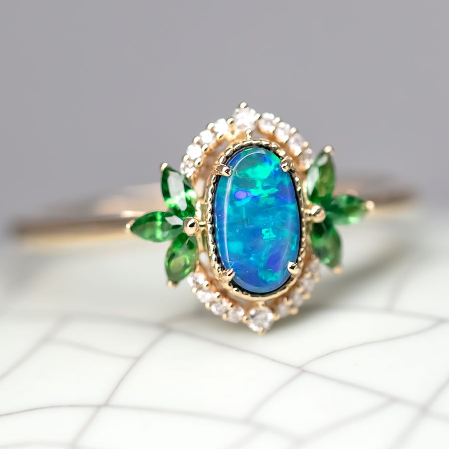 Australian Doublet Opal Diamond Tsavorite Engagement Ring 14K Yellow Gold