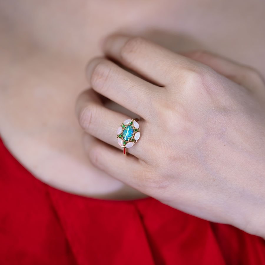 Doublet Opal Marquise White Opal Tsavorite Engagement Ring 18K Yellow Gold