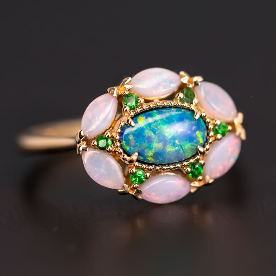 Doublet Opal Marquise White Opal Tsavorite Engagement Ring 18K Yellow Gold