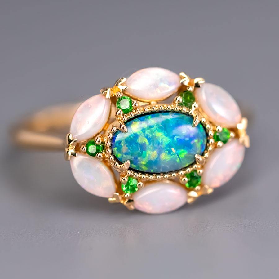 Doublet Opal Marquise White Opal Tsavorite Engagement Ring 18K Yellow Gold
