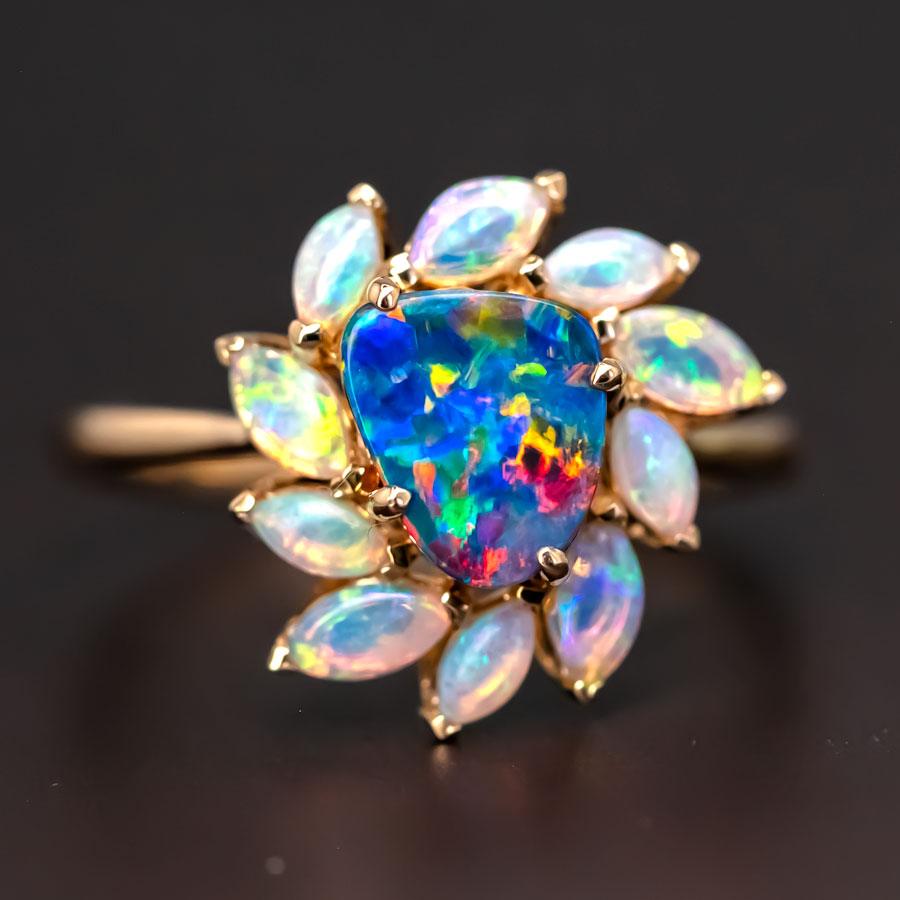 Australian Doublet Opal & White Opal Engagement Ring 18K Yellow Gold