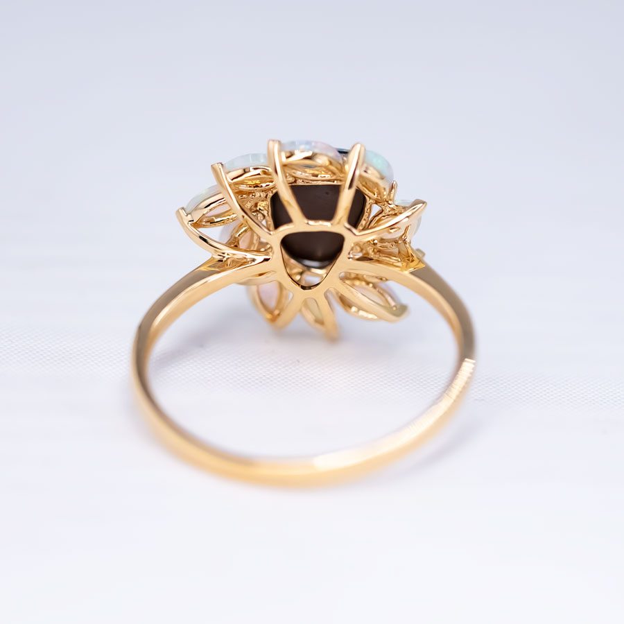 Australian Doublet Opal & White Opal Engagement Ring 18K Yellow Gold