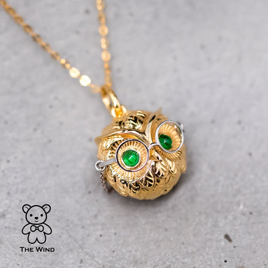 Dr. Owl Emerald Pendant Necklace 18K Yellow Gold with White Gold Glasses