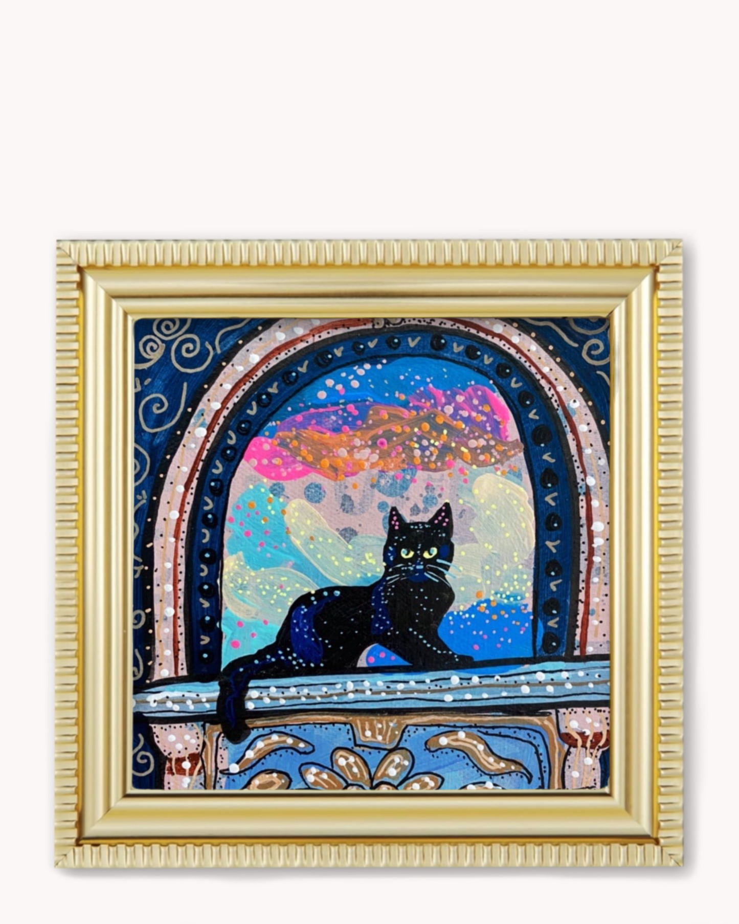Black Cat In Archway Framed Magnet ( Medium )