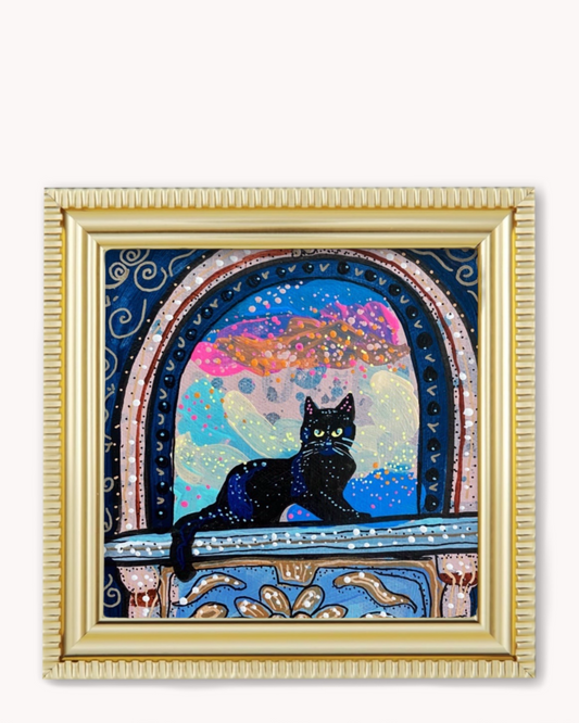 Black Cat In Archway Framed Magnet ( Medium )