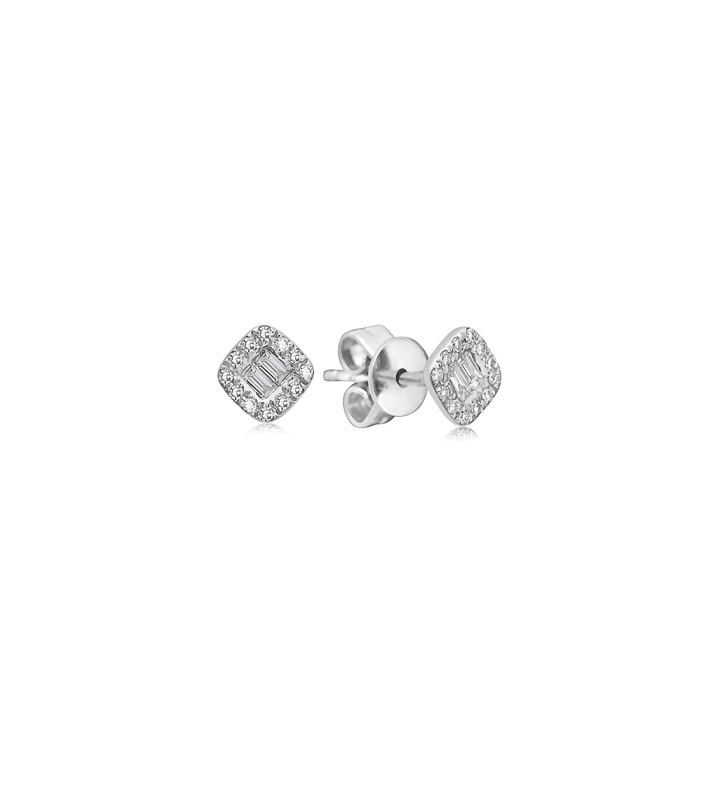 Diamond Baguette and Halo Square Stud Earring