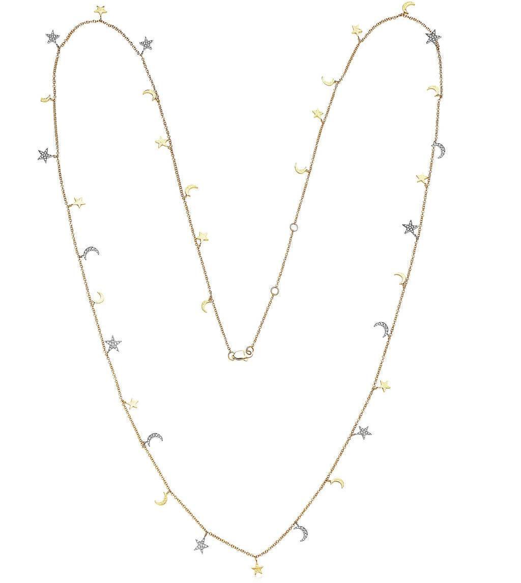 Diamond Star-Moon Charm Long Necklace