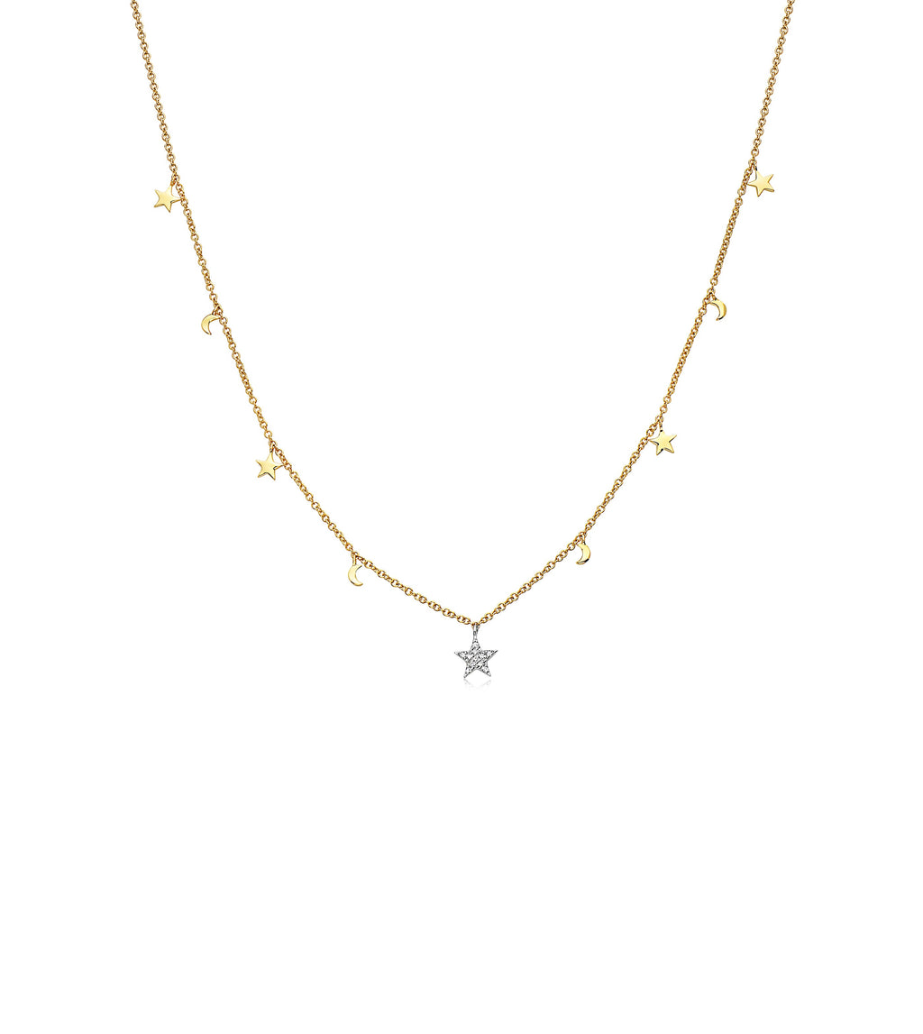 Diamond Star & Moon Charm Necklace