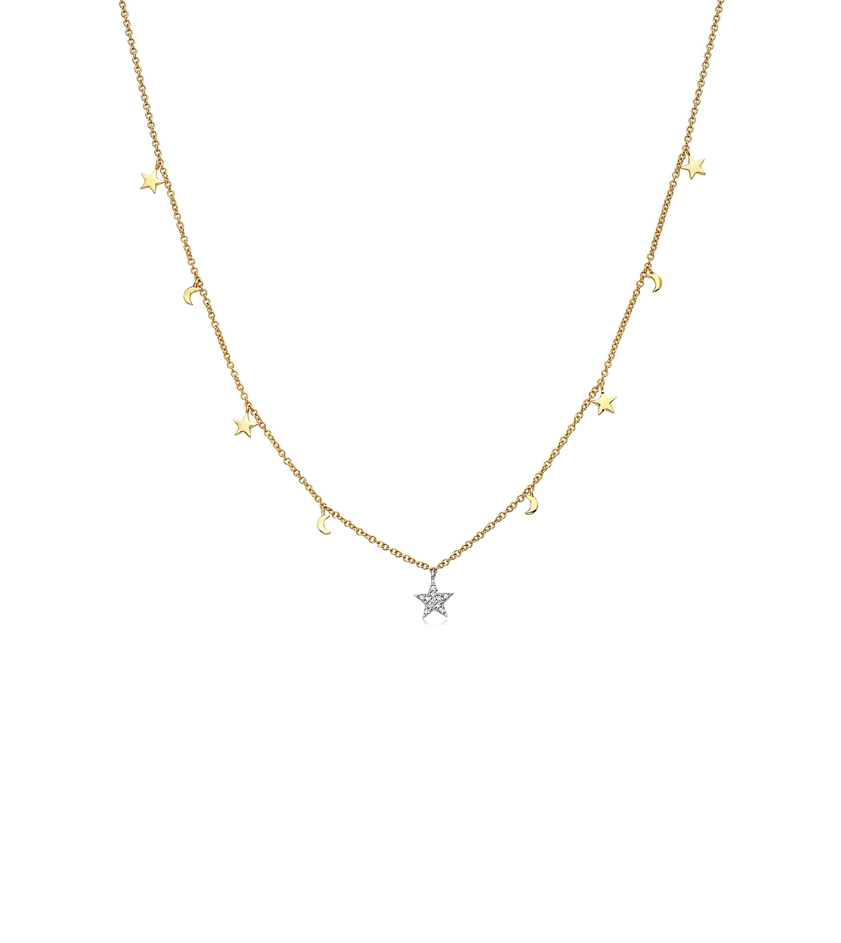 Diamond Star & Moon Charm Necklace