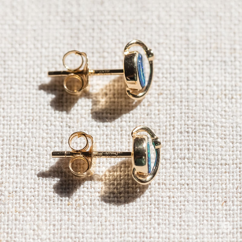 Earth Moon Design Australian Doublet Opal & Diamond Stud Earrings 18K Yellow Gold