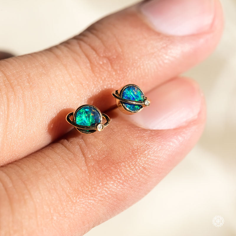 Earth Moon Design Australian Doublet Opal & Diamond Stud Earrings 18K Yellow Gold