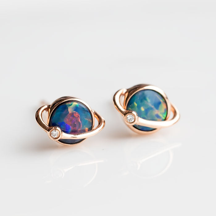 Earth Moon Design Australian Doublet Opal & Diamond Stud Earrings 18K Yellow Gold