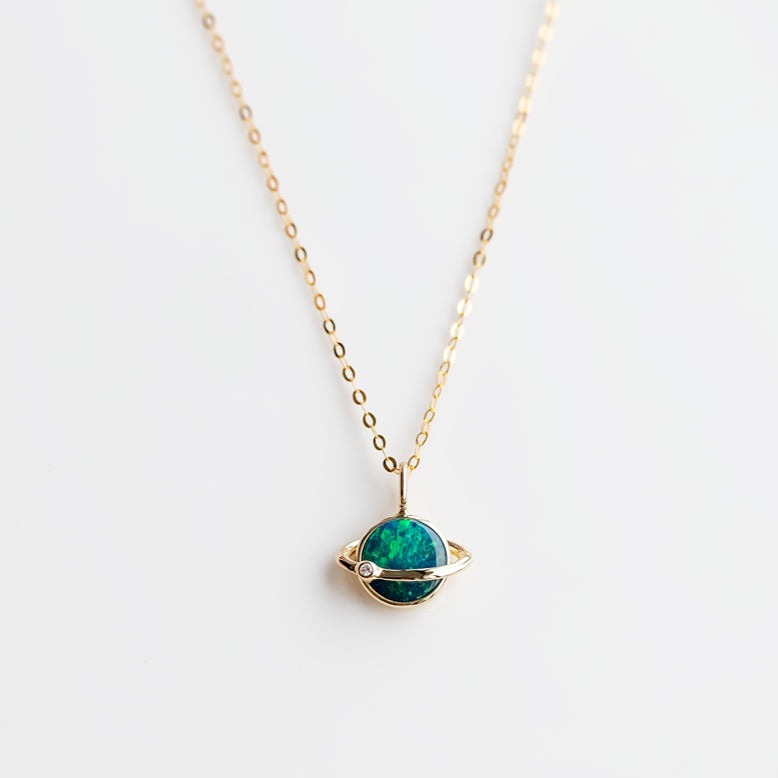 Earth Moon Design Doublet Opal & Diamond Pendant Necklace 18K Yellow Gold
