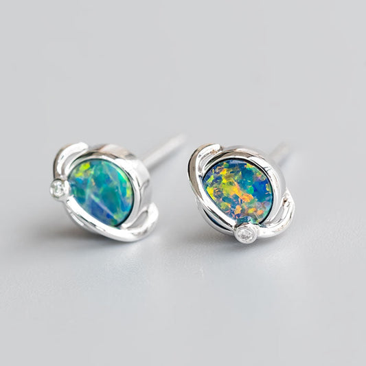 Earth Moon Design Australian Doublet Opal & Diamond Stud Earrings 18K White Gold