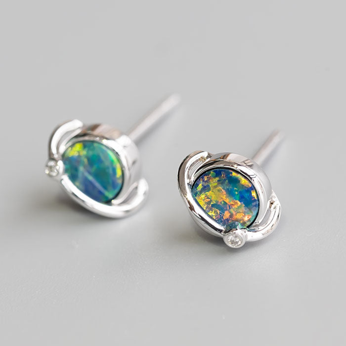 Earth Moon Design Australian Doublet Opal & Diamond Stud Earrings 18K White Gold