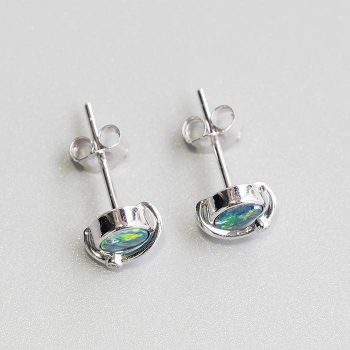 Earth Moon Design Australian Doublet Opal & Diamond Stud Earrings 18K White Gold