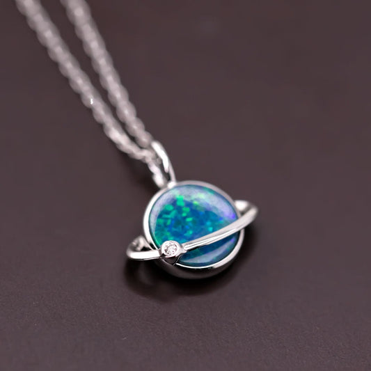 Earth Moon Design Doublet Opal & Diamond 18K White Gold