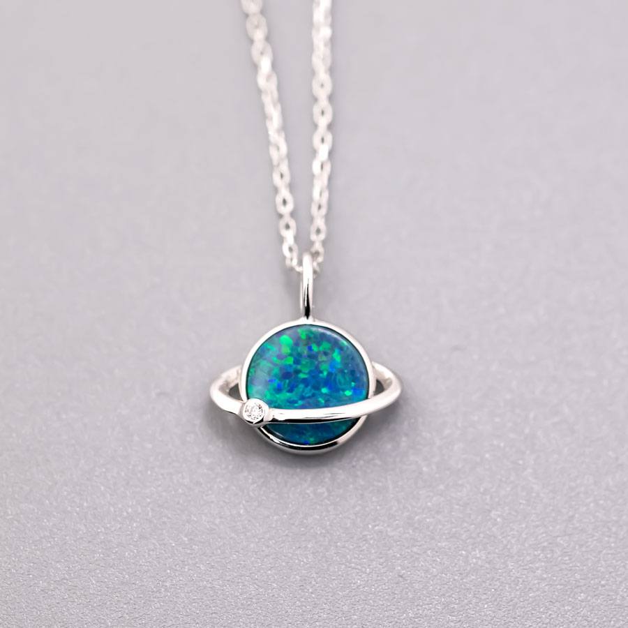 Earth Moon Design Doublet Opal & Diamond 18K White Gold