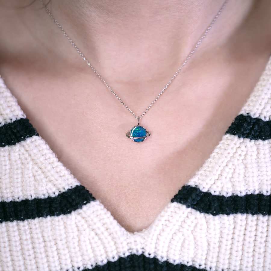 Earth Moon Design Doublet Opal & Diamond 18K White Gold