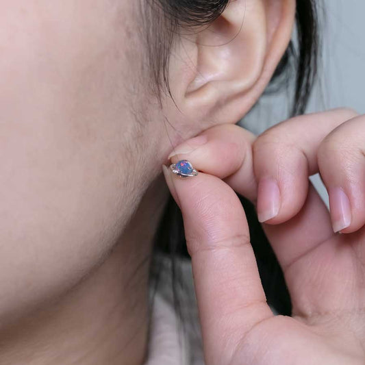 Earth Moon Design Australian Doublet Opal & Diamond Stud Earrings 14K White Gold