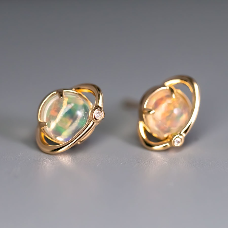 Earth Moon Design Fire Opal & Diamond Stud Earrings 18K Yellow Gold