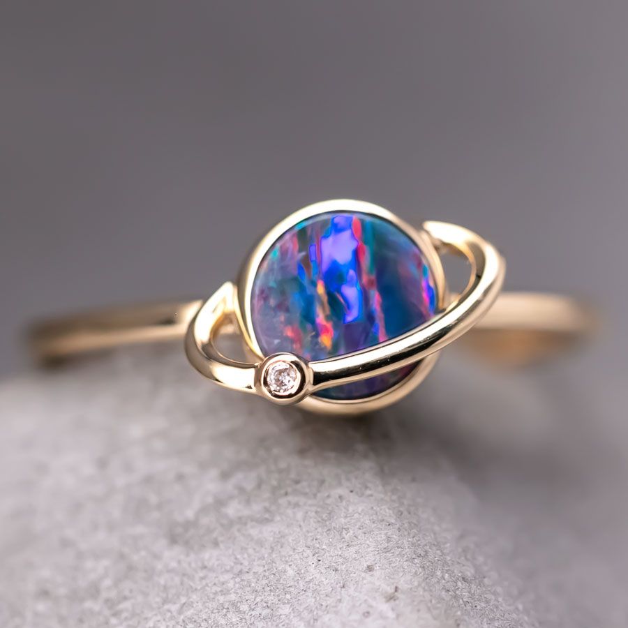Earth and Moon Design Doublet Opal & Diamond Ring 18K Yellow Gold