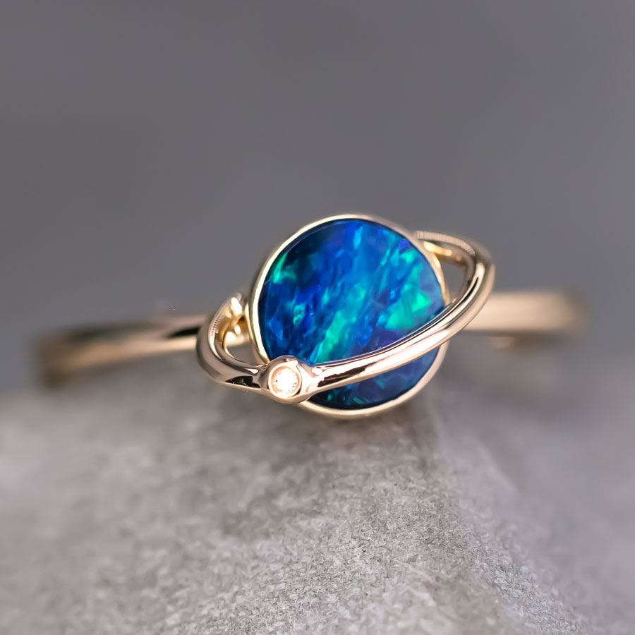 Earth and Moon Design Doublet Opal & Diamond Ring 18K Yellow Gold