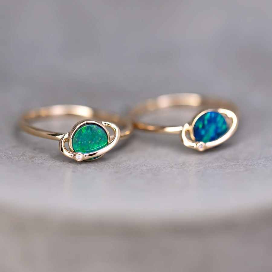 Earth and Moon Design Doublet Opal & Diamond Ring 18K Yellow Gold