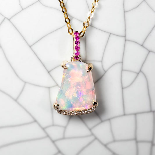 Elegant Australian Solid Opal Diamond Necklace 14k Yellow Gold
