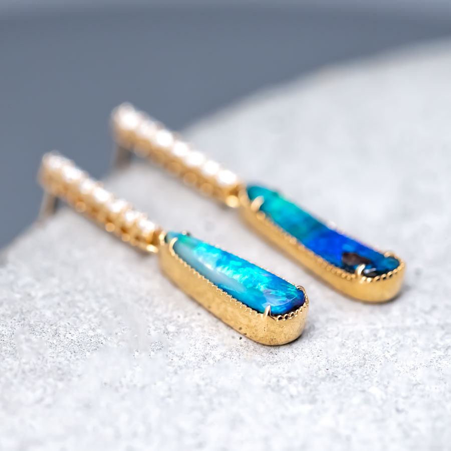 Elegant Australian Boulder Opal Diamond Drop Earrings in 18K Yellow Gold
