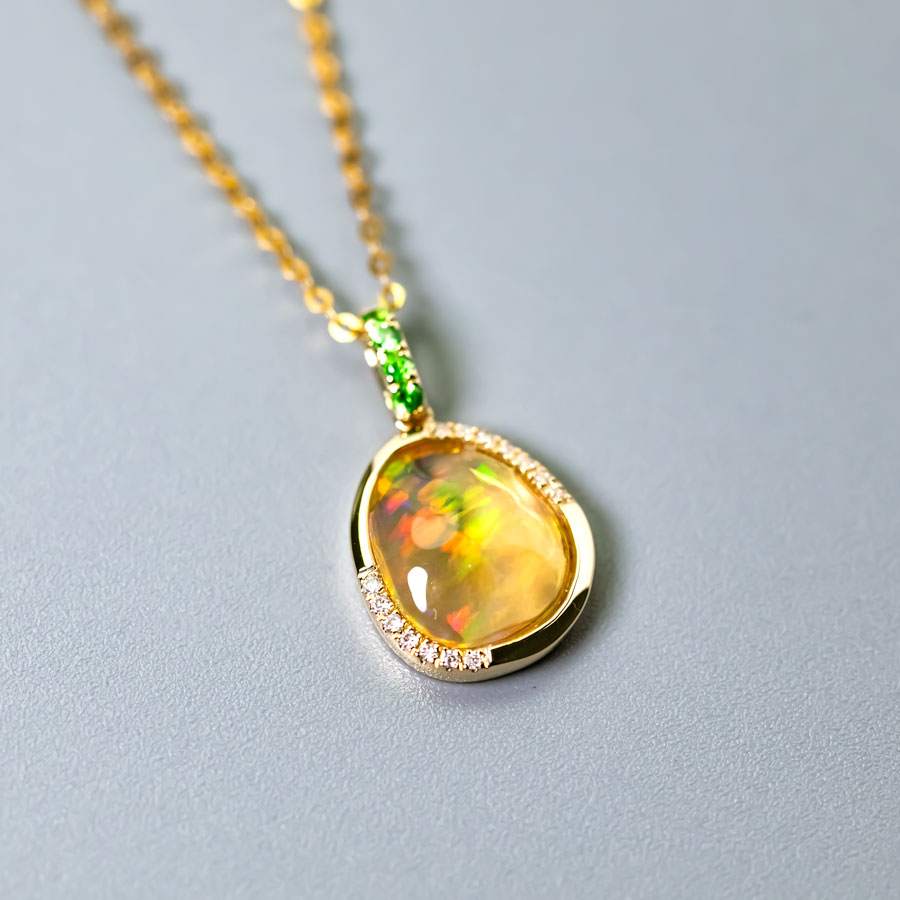 Elegant Fire Opal, Diamond Tsavorite Necklace 18K Yellow Gold