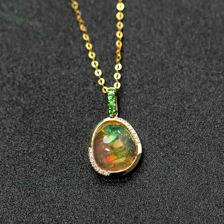 Elegant Fire Opal, Diamond Tsavorite Necklace 18K Yellow Gold