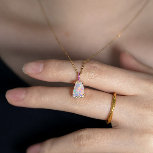 Elegant Australian Solid Opal Diamond Necklace 14k Yellow Gold