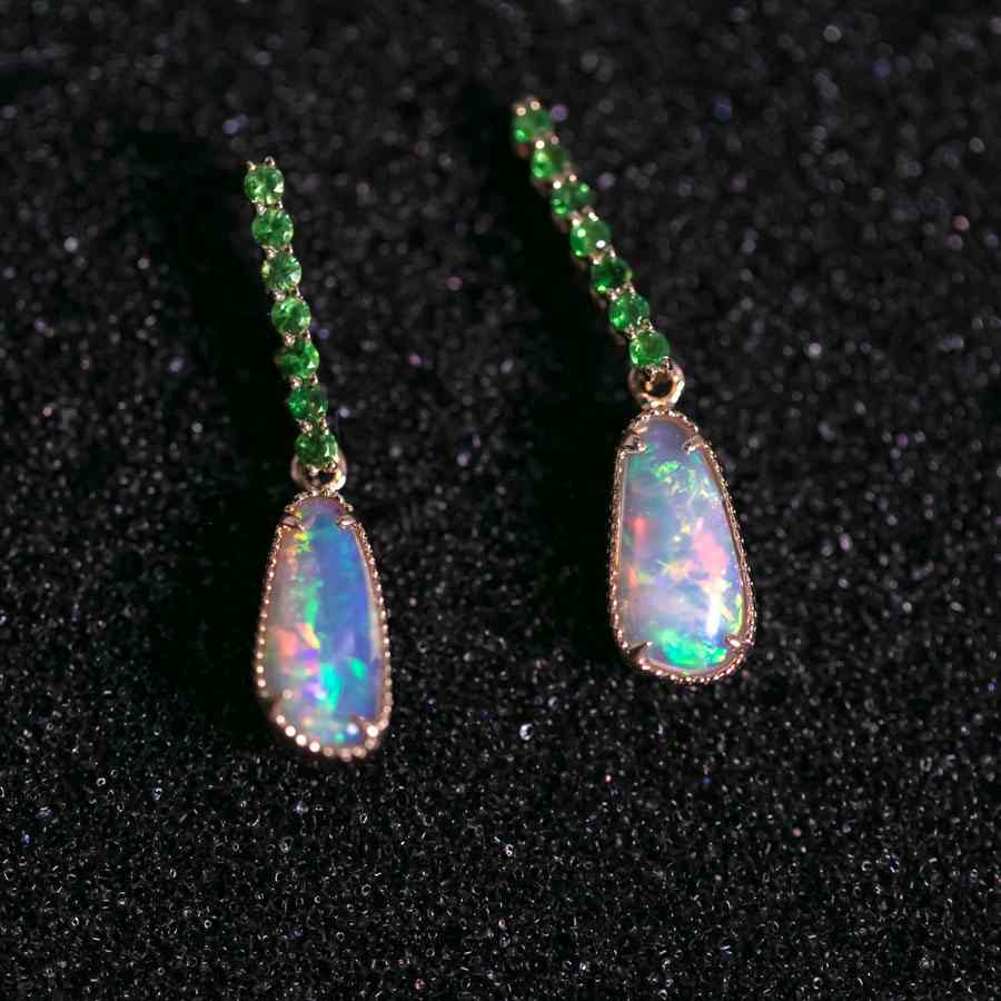 Elegant Australian Opal Fossil Shell & Tsavorite Drop Earrings 18K Yellow Gold