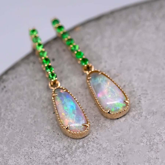 Elegant Australian Opal Fossil Shell & Tsavorite Drop Earrings 18K Yellow Gold