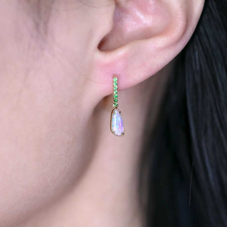 Elegant Australian Opal Fossil Shell & Tsavorite Drop Earrings 18K Yellow Gold